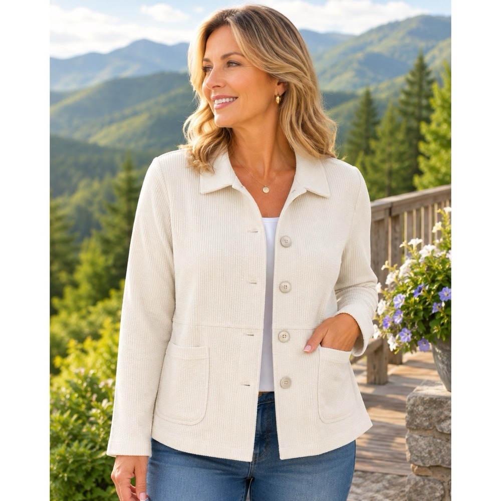 Habitat Cream Button-Front Knit Jacket with Patch Pockets and Collar